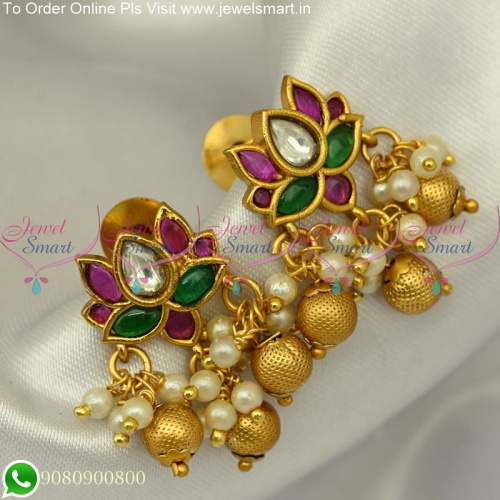 Lotus Design Stud Earrings With Dotted Golden Beads ER25202