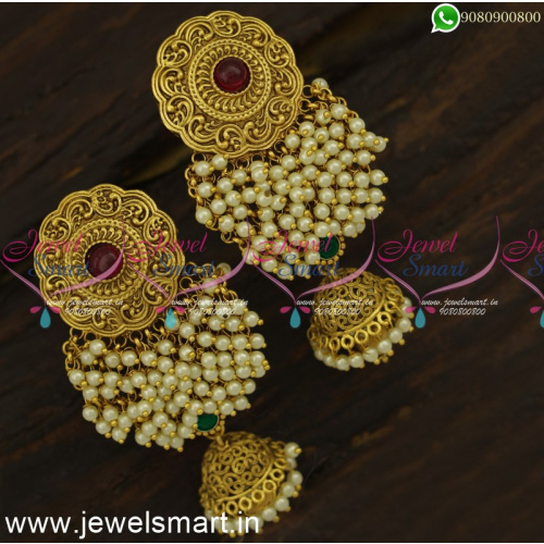 Majestic Floral Pearl Jhumka Earrings For Wedding Celebrity Jimikki Kammal Online