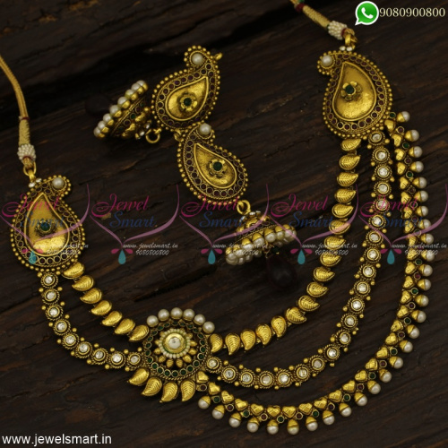 Mango Jhumka Earrings With 3 Chain Layered Necklace Design Antique Jewellery Online