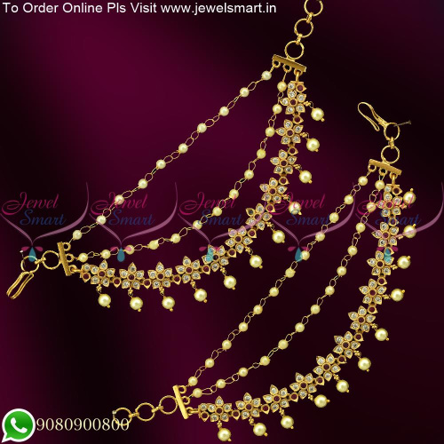 Mattal In Gold Finish 3 Layer Pearl Chain With Floral Stones EC25391