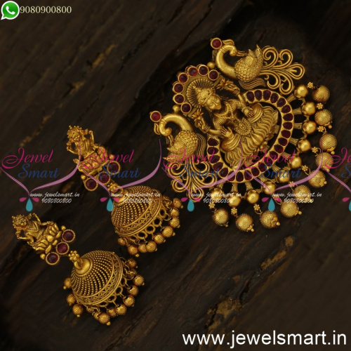 Matte Look Pendant Set Gold New Design Gorgeous Temple Jewellery Jhumkas PS24545