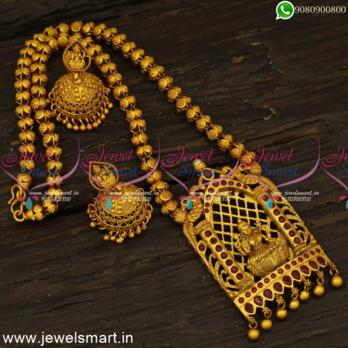 Matte Look Temple Jewellery Hollow Beads Chain Pendant Jhumka Earrings Online PS24720