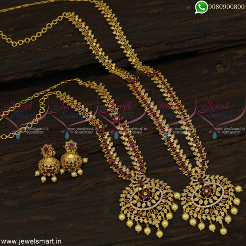 Monumental Long Gold Necklace Combo CZ Stones Haram Bridal Models Online 