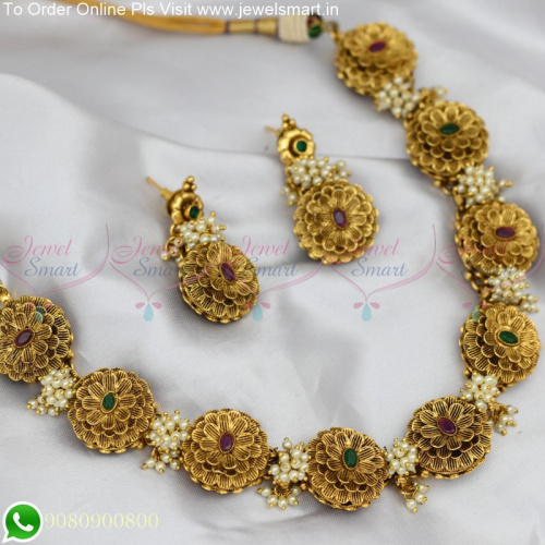 Multi Layer Flower Adorned Heavy Antique Gold Necklace Designs Pearls NL25266