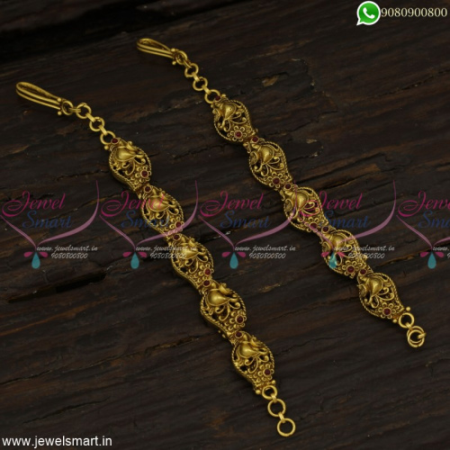 Nagas Work Ear Chains Mattal One Gram Gold Antique Jewellery Peacock Design Online EC23108