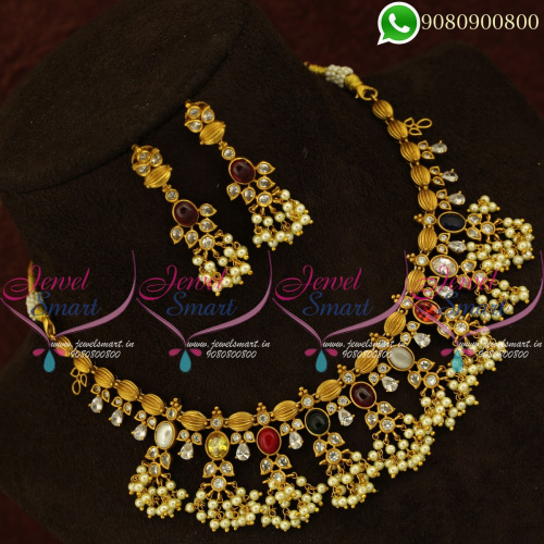 Navratna Pearl Guttapusalu Traditional Gold Design Necklace Set Online NL20846