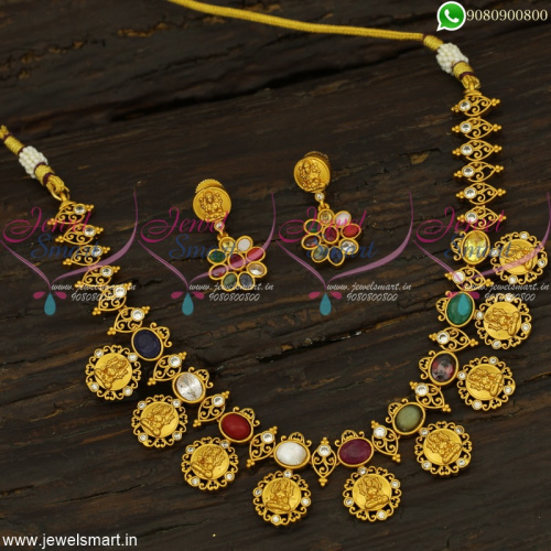 Navaratna Stone Kasumalai Latest Temple Jewellery Coin Necklace Designs Online NL22440