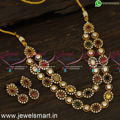 Navratna Traditional Indian Layered Necklace Set Classic Gold Jewellery NL24515