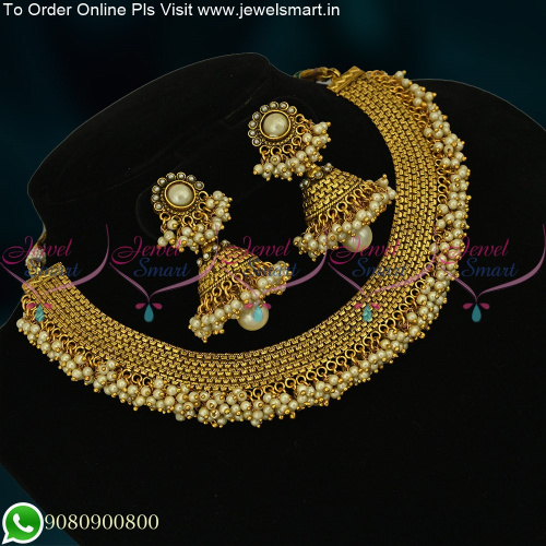 NL0676 Antique Gold Plated Fancy and Trendy Pearl Necklace Jhumka Earrings
