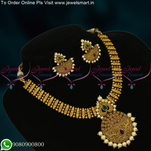NL10591 Nakshi Jewellery Matte Antique Gold Floral Design Pendant Shop Online Red Green Stones