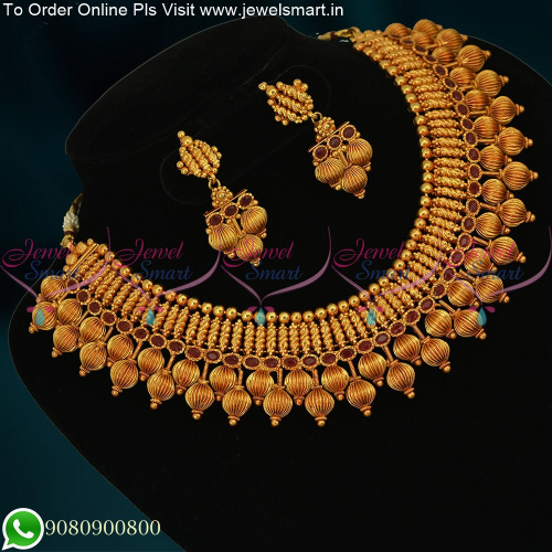 NL14620 Kharbuja Beads Antique Reddish Plated Broad Jewellery Set Latest Party Wear Necklace Online