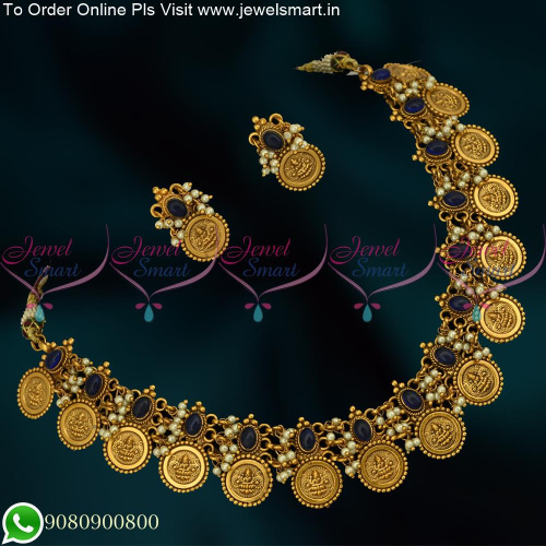 NL14653 Blue Stones Temple Coin Laxmi God Engraved Kemp Pearl Jewellery Necklace Online