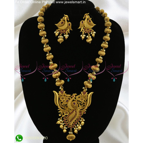 NL18291 Antique Gold Plated Broad Big Size Kharbuja Beads Peacock Pendant Set Online