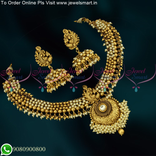 Pearl Necklace Jhumka Earrings Antique Gold Plated Latest Jewellery Online NL20707