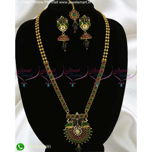 Meenakari Long Necklace Antique Gold Fashion Jewellery Jhumkas and Maang Tikka NL22148