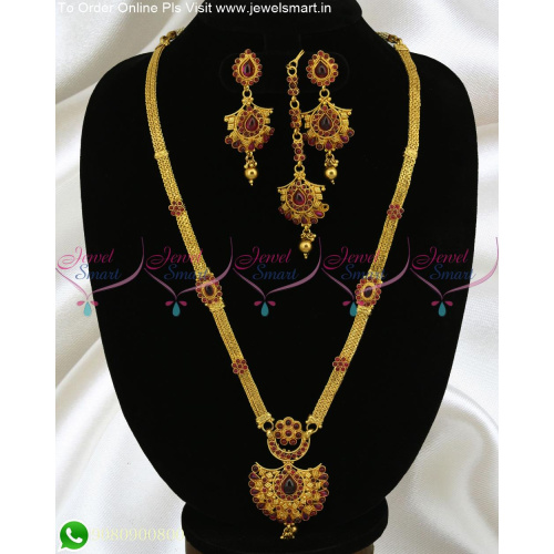 Real Kemp Bridal Long Necklace Gold Haram Design Maang Tikka Set Online