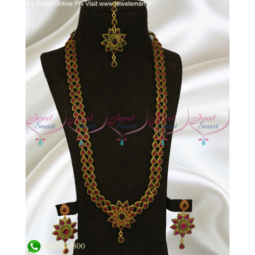 Double Line Stone Haram Antique Gold Long Necklace Designs Online NL22252