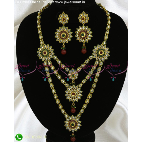 Kundan Style Layered Long Necklace 3 Line Grand Dazzling AD Stones Low Prices NL23051