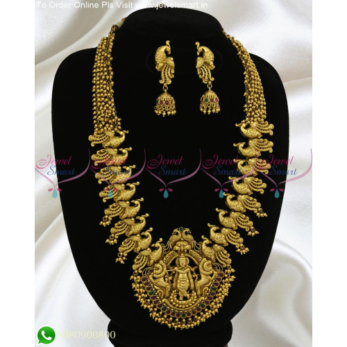 Lord Krishna Nagas Bridal Jewellery Lavish Long Gold Necklace for Marriage NL24230