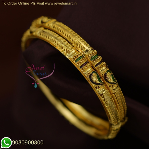Exquisite One Gram Gold Bangles with Hollow Design and Peacock Meenakari Work B25787