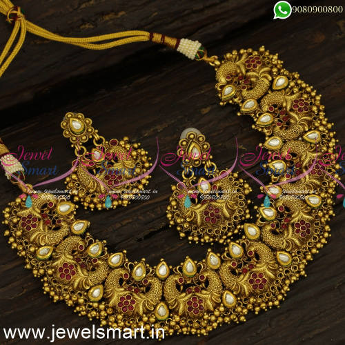 One Gram Gold Antique Kundan Necklace Set Peacock Jewellery Bridal Collections NL24307