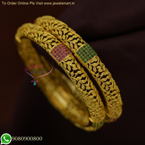 One Gram Gold Bangles with Leaf Design and Ruby-Emerald Stones B25786