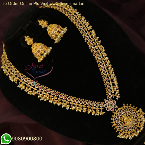 One Gram Gold Temple Long Necklace with Jhumkas - Exquisite South Indian Haram NL26138