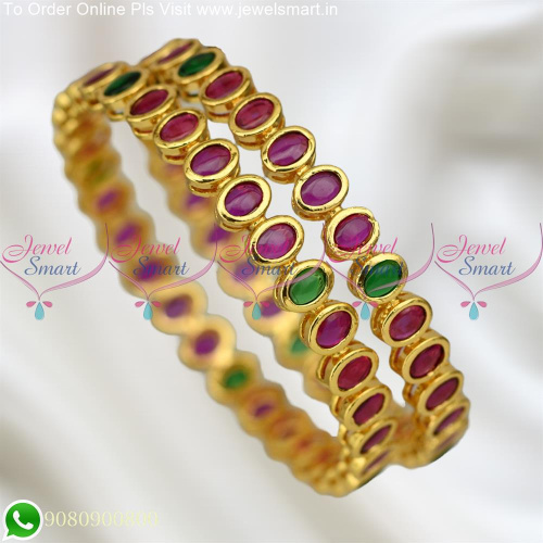 Oval Stones Red and Green Kemp Bangles One Gram Gold Jewellery B25413