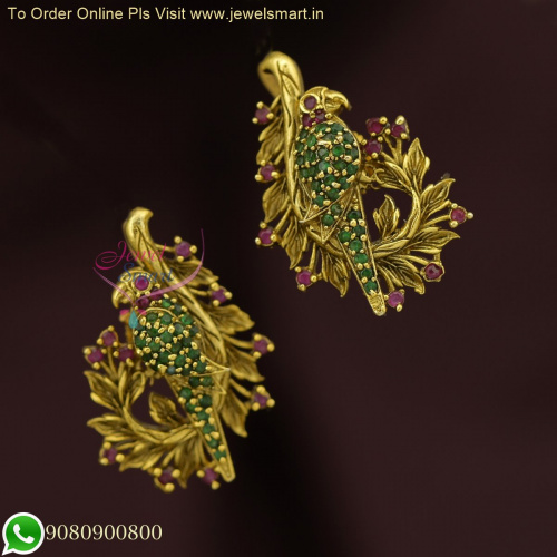 Parrot Design Ear Studs for Women | Antique Gold Jewelry Designs ER26353