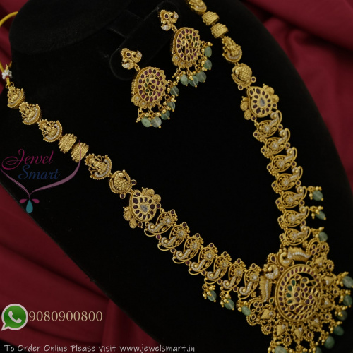 Peacock Design Antique Gold Long Necklace Set with Green Beads and Matching Earrings NL27329
