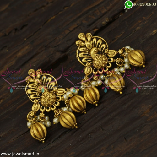 Pearl and Golden Kharbuja Drops Fashionable Earrings Peacock Antique Jewellery ER23024