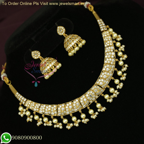 Elegant Pearl Danglers CZ White Stone Moon Necklace Set: Latest Traditional Jewelry Collection NL26482
