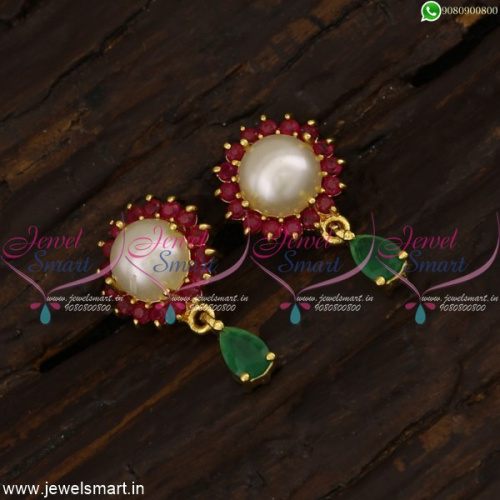 Pearl Earrings Gold Plated Designs Online Small Round Studs With Drops