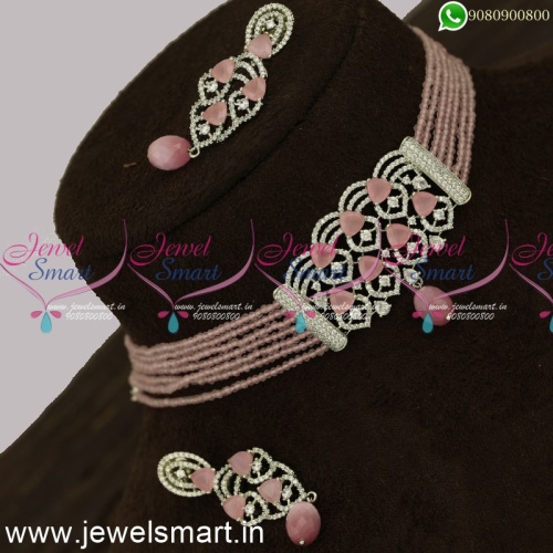 Pink Colour Crystal Choker Necklace Monalisa Stones CZ White Silver Pendant NL24243