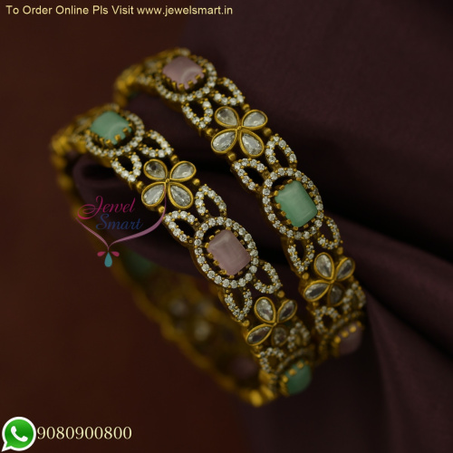 Elegant Pink and Green Victorian Style Oxidised Broad Gold Bangles B25975