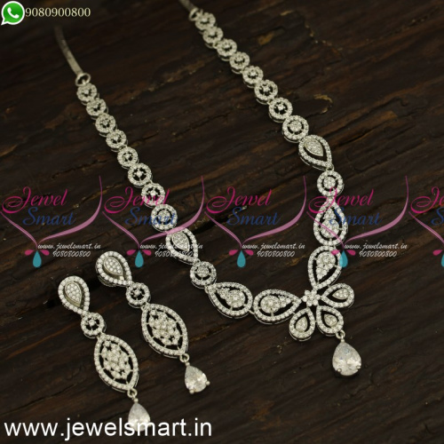 Reflective CZ White Stone Diamond Necklace Designs Subtle Silver Plated Jewellery NL24186