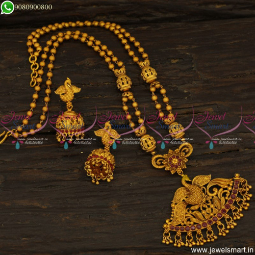 Ruby Beads Mala Designs Ball Mugappu Peacock Pendant Jhumkas Online 