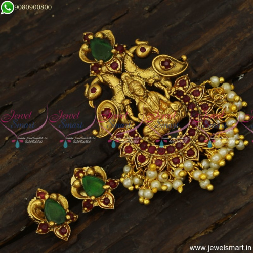 Ruby and Emerald Adorned Temple Pendant Set Small Size With Pearls