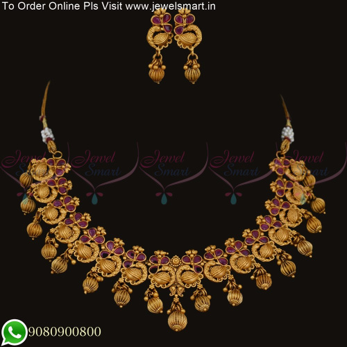 Ruby Stones Peacock Necklace Set Kharbuja Drops Antique Reddish Gold NL25282