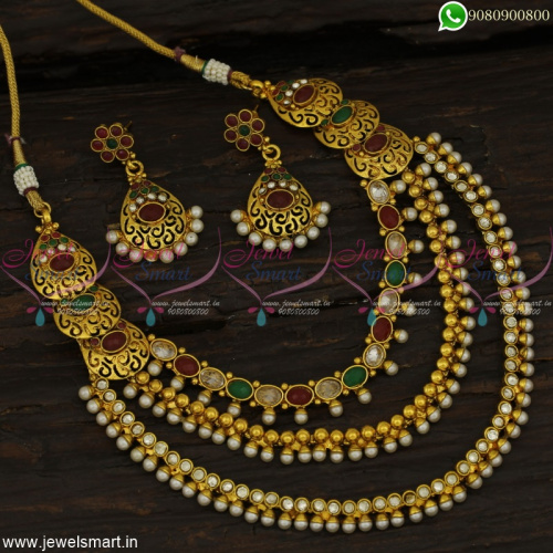 Side Pendant Layered Necklace Set Polki Stones Antique Gold Plated Jewellery NL22863