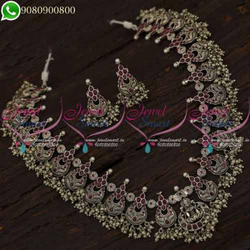 Silver Temple Guttapusalu Pearl Long Necklace Haram Oxidised Plated Jewellery NL21224