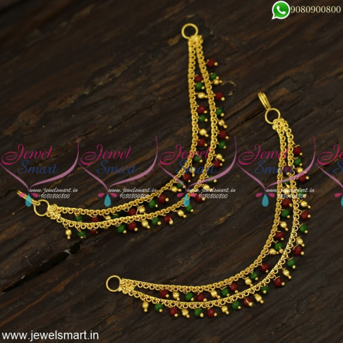 Simple Double Layer Side Ear Chain Gold Beads With Red and Green EC23988