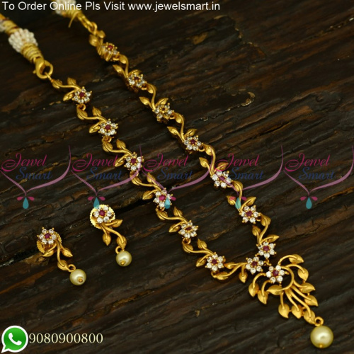 Simple Floral Delicate Colour Stones Antique Gold Necklace Designs Online NL25218