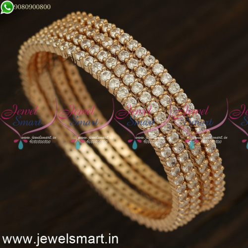 Single Line Stones Simple Diamond Bangles Designs 4 Pieces Set Rose Gold and Silver B24219