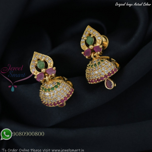Small CZ Stone Jhumka Earrings, Gold Plated, Screw Back – Multi Colour Options J26398