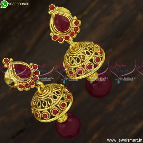 Small Unique Jhumka Earrings With Colour Crystal Drops Antique Gold Plated J23739