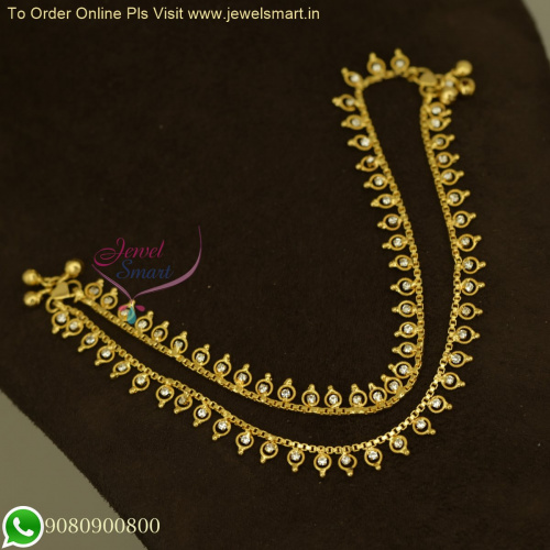 Exquisite South Indian White Stone Gold Plated Anklets - Delicate Kolusu Designs for Elegant Regular Wear A26322