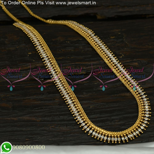 South Indian Kerala Style Long Gold Necklace Designs Marquise Stones NL25176