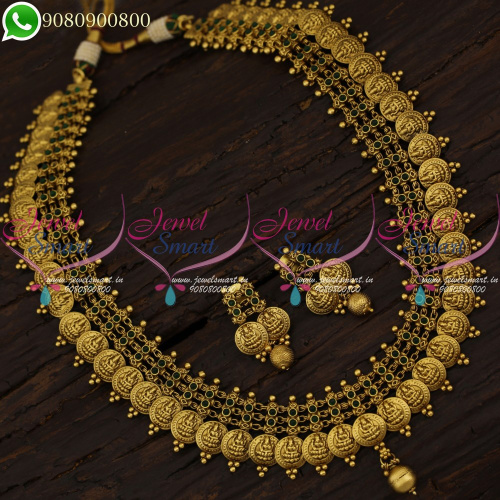South Indian Temple Jewellery Coin Haram Long Necklace Kemp Stones Online NL21225