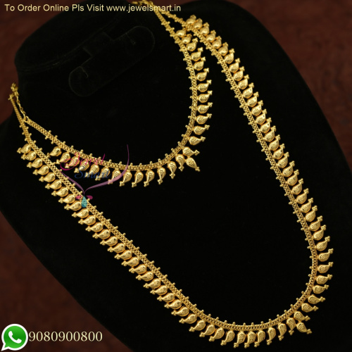 South Indian Mango Necklace Set with Long Necklace Combo - Affordable Gold Design NL25943